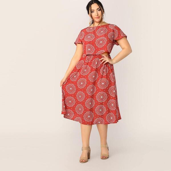 

Plus Allover Print Top and Elastic Waist Skirt Set, Multicolor