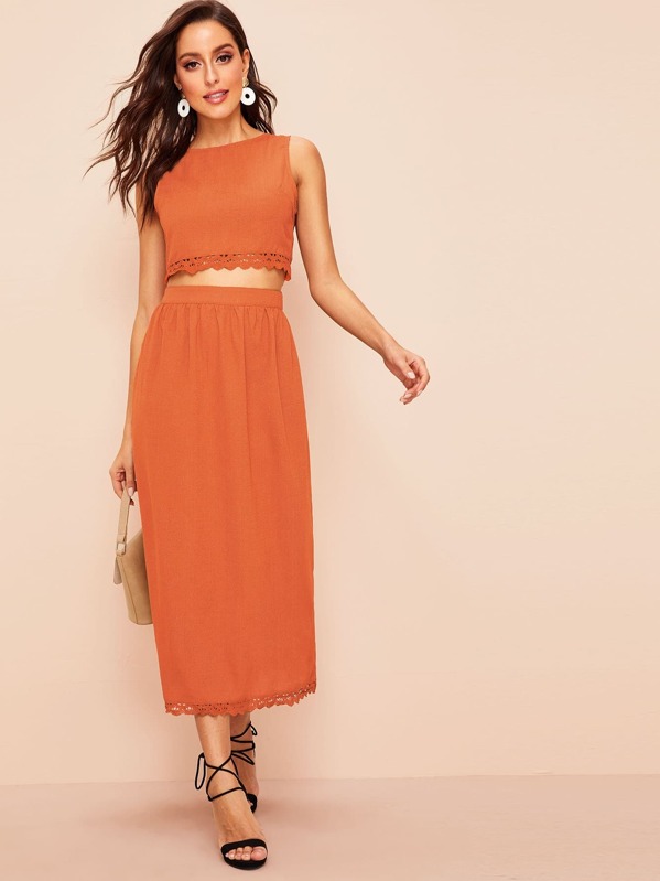 

Button Back Lace Trim Crop Top & Skirt Set, Orange, Mary P.