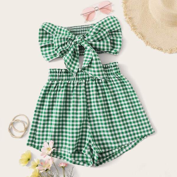 

Gingham Print Knot Shirred Bandeau Top and Shorts Set, Green