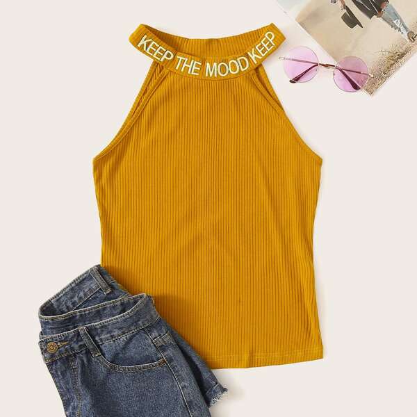 

Letter Embroidered Rib-knit Halter Top