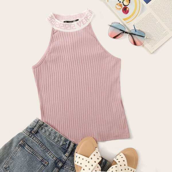 

Lettering Halterneck Rib-knit Top, Pink pastel