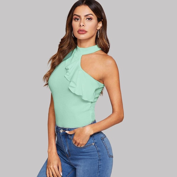 

One Shoulder Choker Ruffle Trim Top