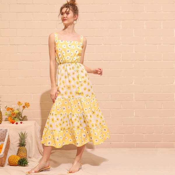 

Allover Floral Print Self Tie Straps Dress, Yellow