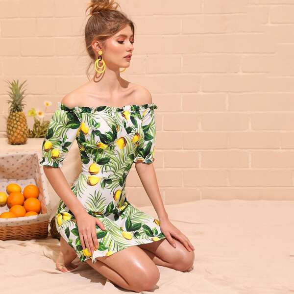 

Lemon And Tropical Print Bardot Dress