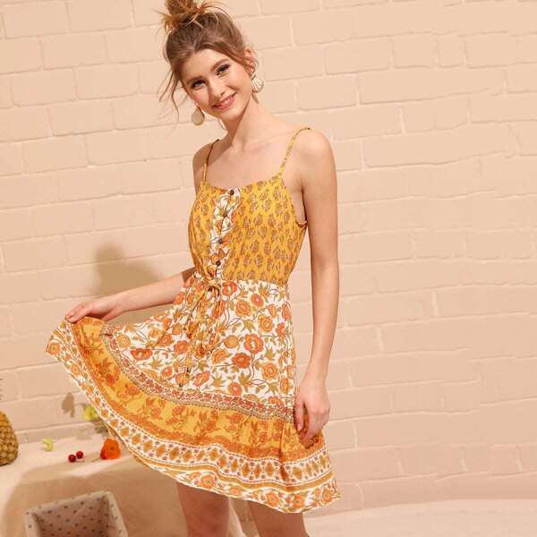 

Ditsy Floral Print Drawstring Waist Cami Dress