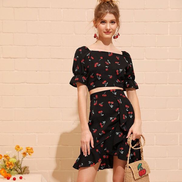 

Cherry Print Zip Back Top With Wrap Skirt, Black