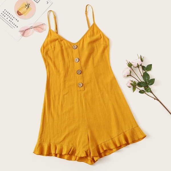 

Button Front Ruffle Hem Cami Romper