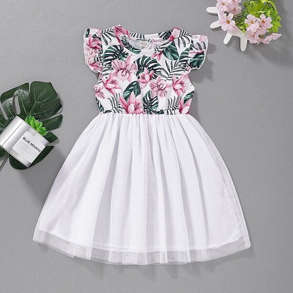 

Toddler Girls Floral Print Contrast Mesh A-line Dress, Multicolor