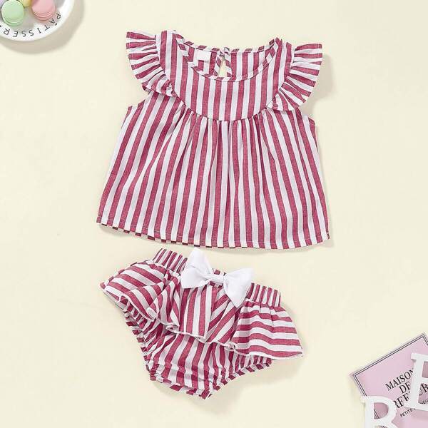 

Baby Ruffle Trim Stripe Top With Shorts, Red