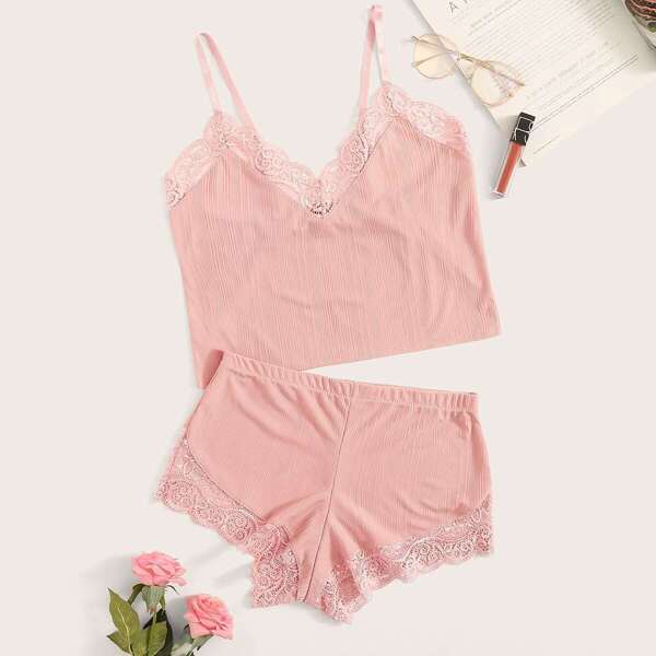 

Lace Trim Rib Lingerie Set