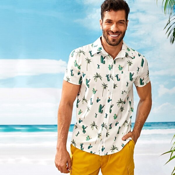 

Men Cactus Print Pocket Front Shirt