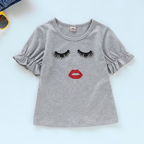 

Toddler Girls Cartoon Print Flounce Sleeve Tee, Grey