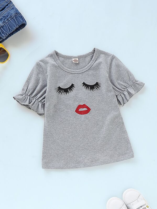 

Toddler Girls Cartoon Print Flounce Sleeve Tee, Grey