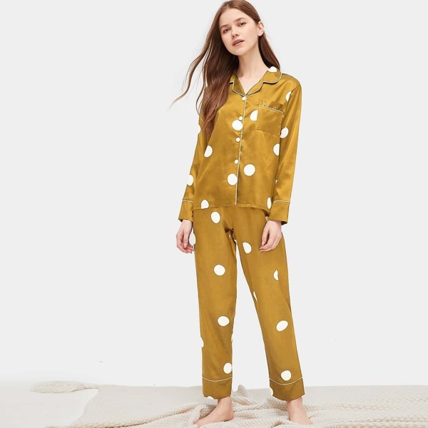 

Polka Dot Satin Pajama Set, Yellow