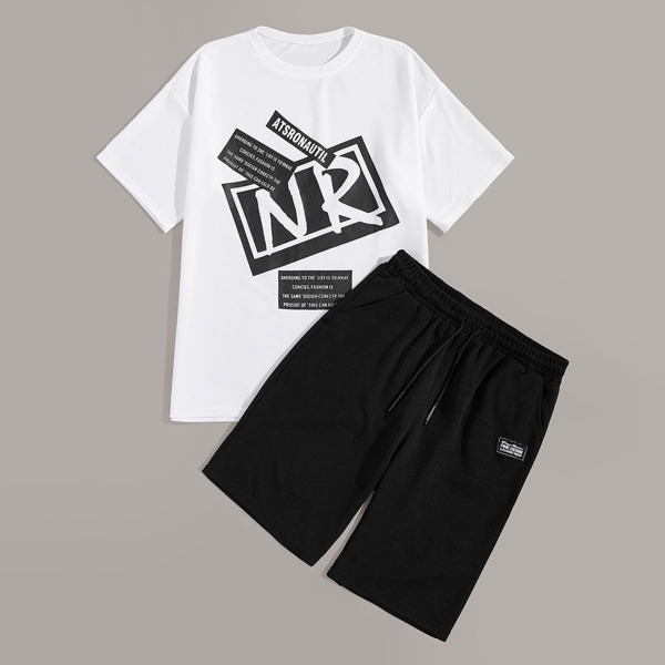 

Men Letter Print Tee & Drawstring Waist Shorts