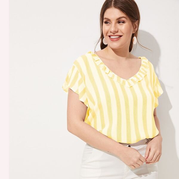 

Plus Striped V-neck Blouse, Yellow