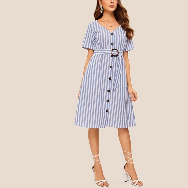

Striped Button Front Self Tie Dress, Blue