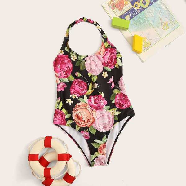 

Girls Random Floral Backless One Piece Swimsuit, Multicolor