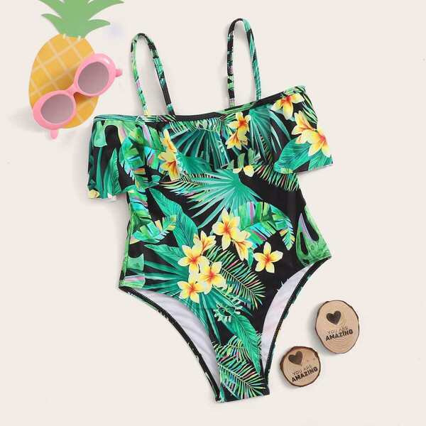 

Girls Random Tropical Print Flounce One Piece Swimsuit