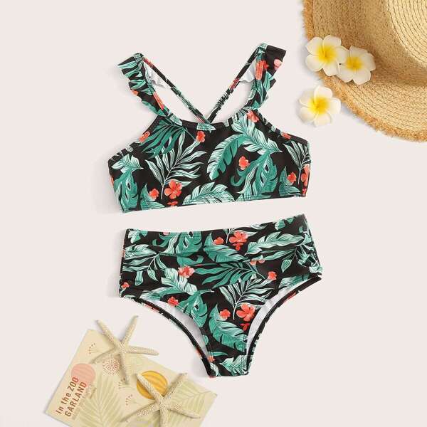 

Girls Random Tropical Crisscross Top With Ruched Bikini, Green