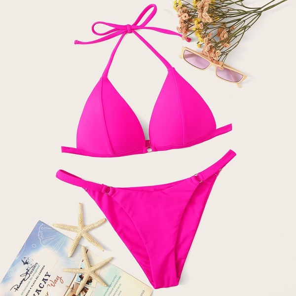 

Neon Pink Triangle Top With Ring Loop Bikini Set