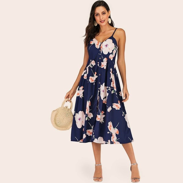 

Floral Print Button Front Cami Dress, Navy