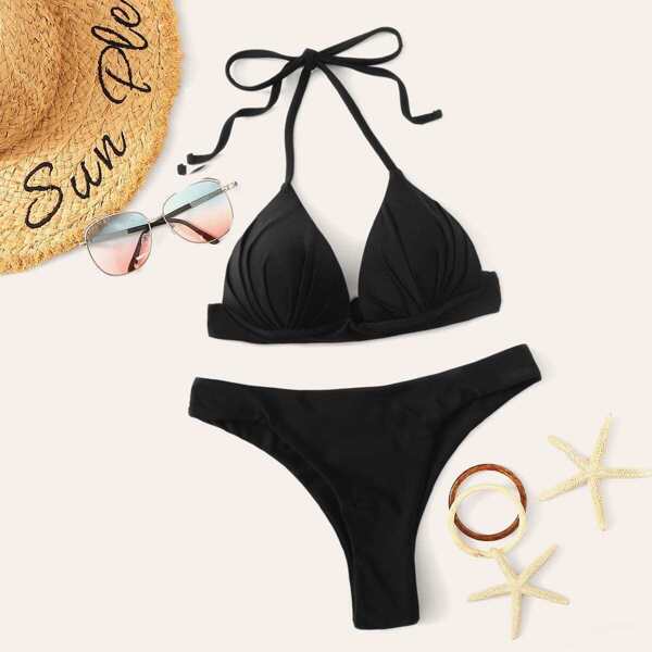 

Self Tie Ruched Halter Bikini Set