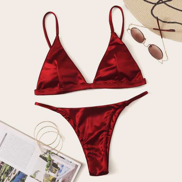 

Satin Triangle Tanga Bikini Swimsuit, Burgundy