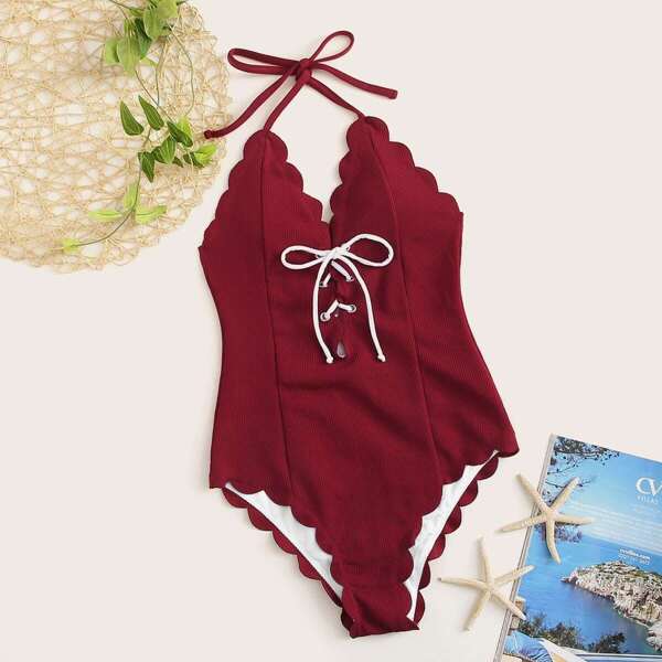 

Lace-up Scalloped Trim One Piece Swimwear