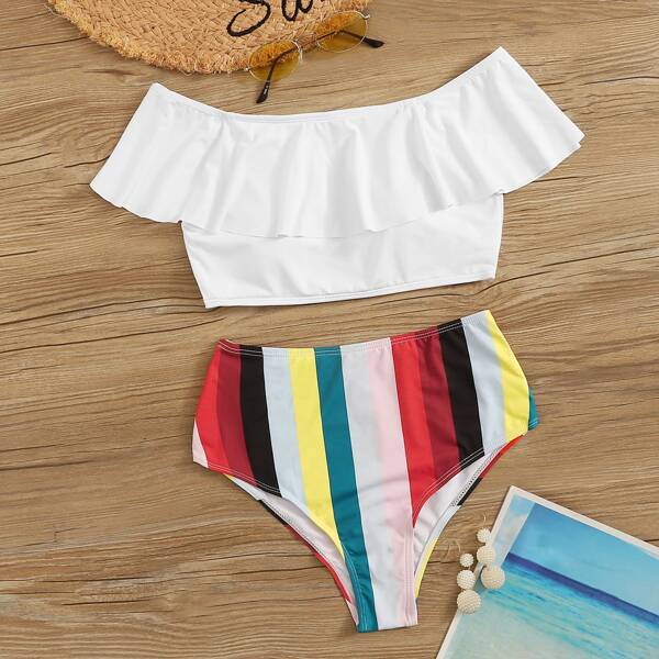 

Random Print Flounce Bardot Top With High Waist Bikini Set
