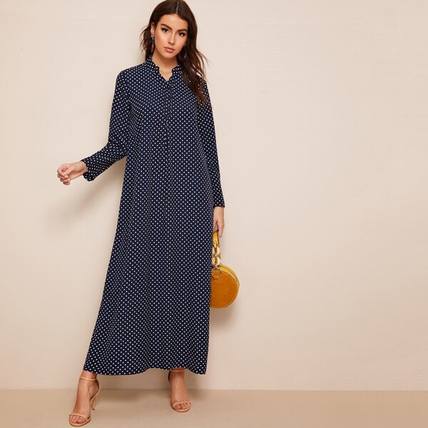 

Polka Dot Print Button Half Placket Maxi Dress, Navy