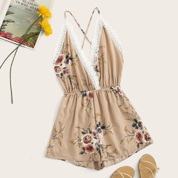 

Floral Print Lace Panel Criss Cross Back Playsuit