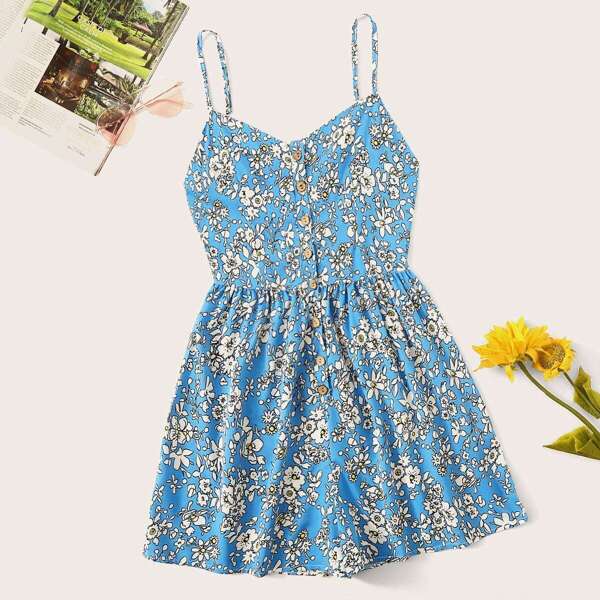 

Ditsy Floral Button Front Cami Playsuit, Blue