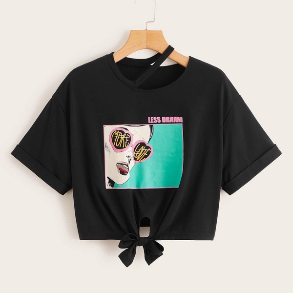 

Cut Out Neck Figure Print Knot Hem Tee