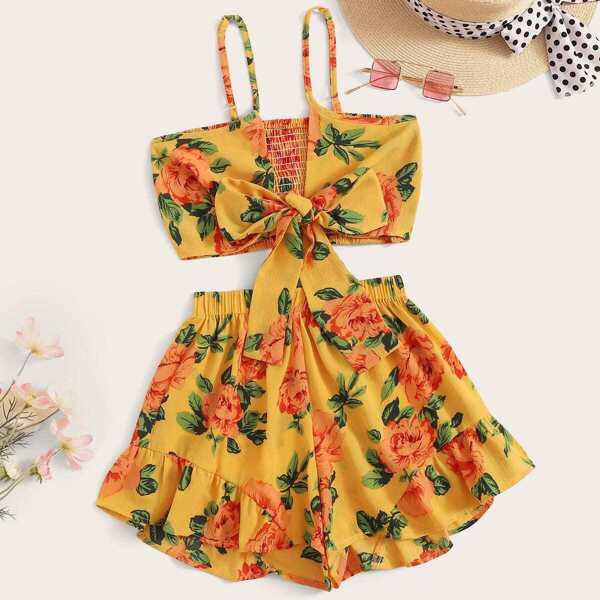 

Floral Print Shirred Tie Front Cami Top With Shorts