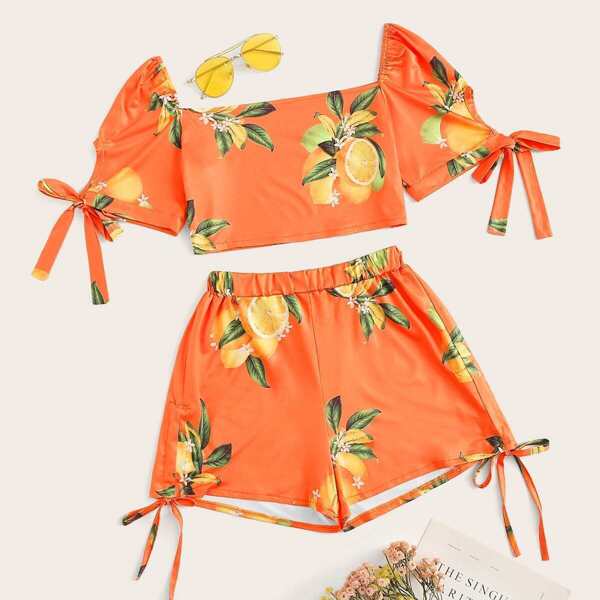 

Fruit Print Knot Detail Top With Shorts, Orange