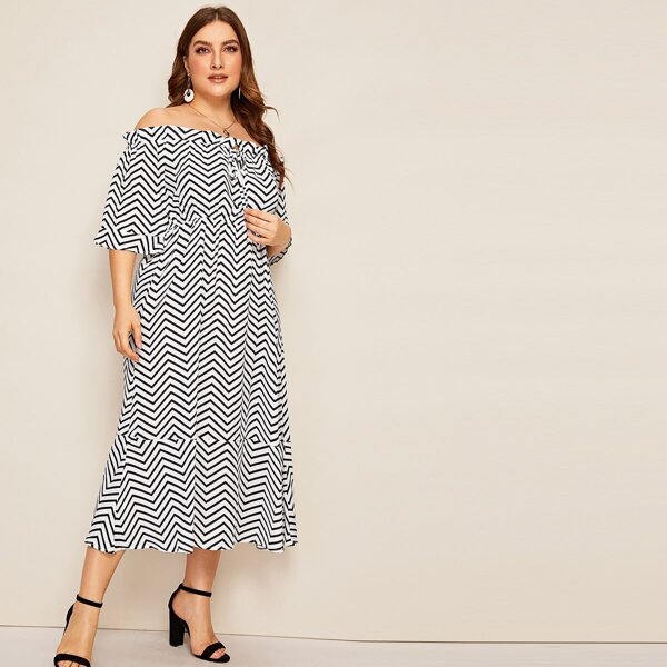 

Plus Off Shoulder Striped Knot Dress, Black and white