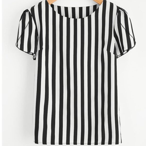 

Plus Petal Sleeve Striped Blouse, Black and white
