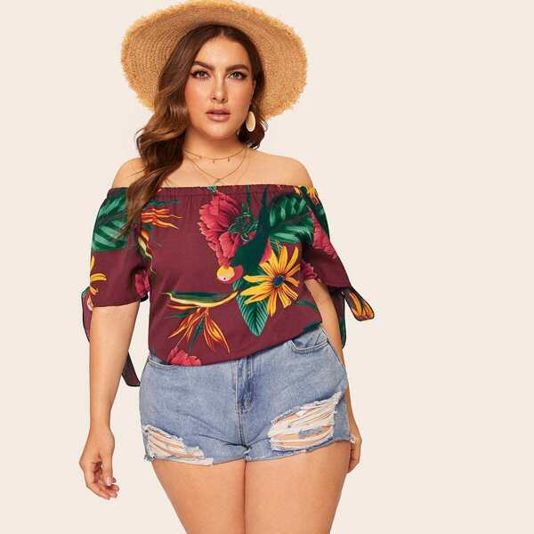 

Plus Off Shoulder Floral Print Knot Cuff Blouse