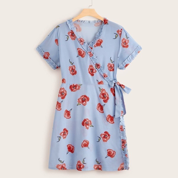 

Plus Floral Print Lettuce Frill Tie Side Dress