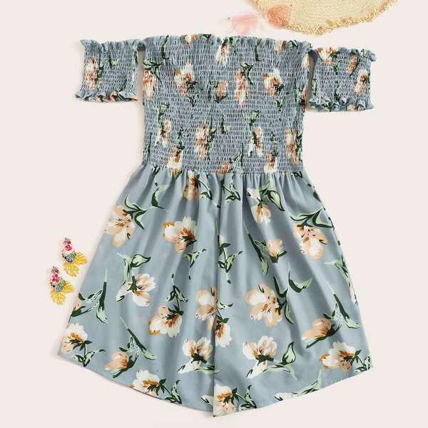 

Plus Off Shoulder Shirred Floral Print Romper, Multicolor