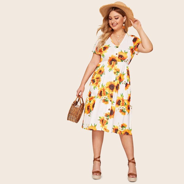 

Plus Sunflower Print Dress, Multicolor