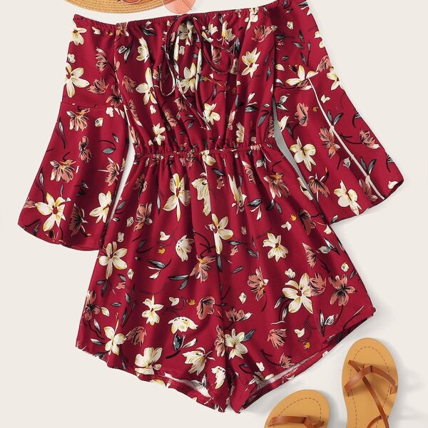 

Plus Off Shoulder Floral Print Romper, Burgundy