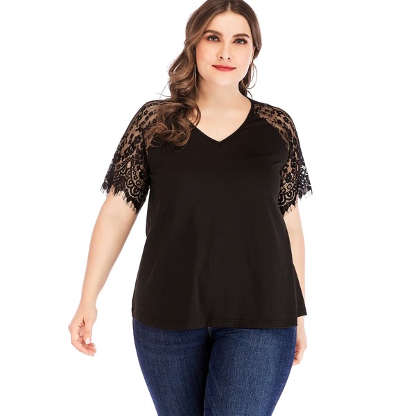 

Plus Contrast Lace Sleeve Tee, Black