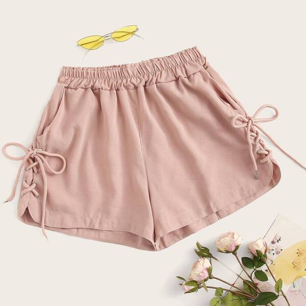 

Lace-up Elastic Waist Solid Shorts