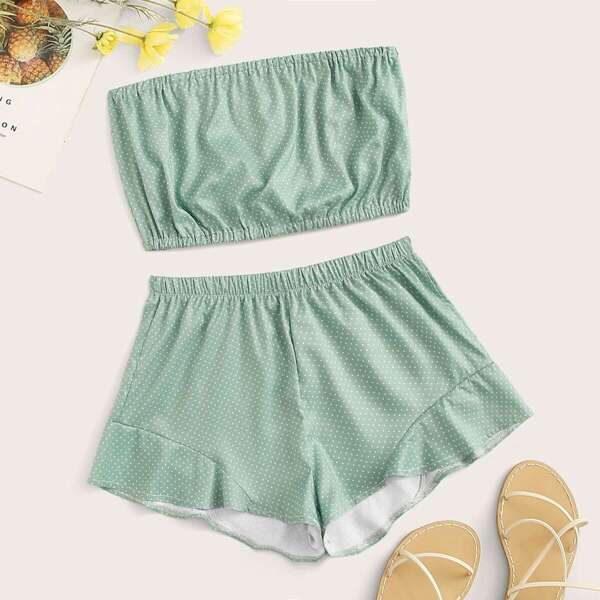 

Polka Dot Print Bandeau Top With Shorts