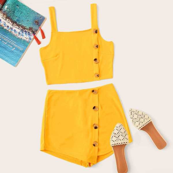 

Button Front Cami Top & Shorts, Yellow