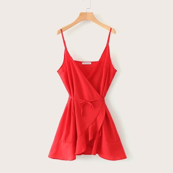 

Ruffle Hem Belted Surplice Cami Dress, Red