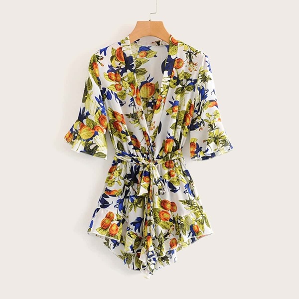 

Self Tie Fruit Print Romper, Multicolor