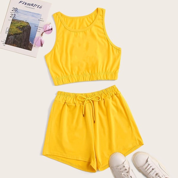 

Solid Tank Top & Drawstring Waist Shorts